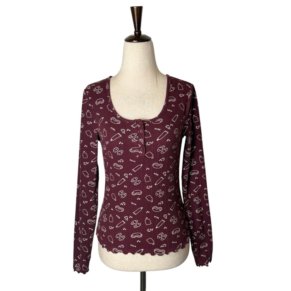 Tala Sleepwear Henley Women Small Port Burgundy Ribbed Lettuce Hem Pajama Top - Picture 2 of 10